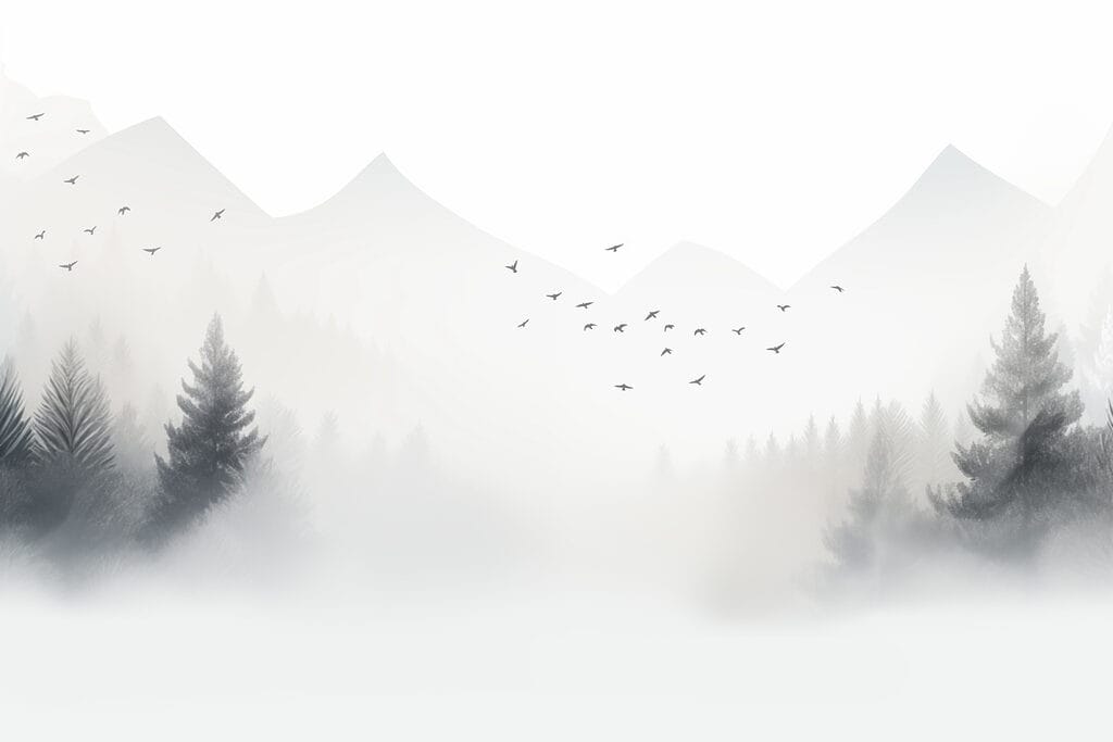 Oiseaux volant au-dessus d'une forêt brumeuse Oiseaux volant au-dessus d'une forêt brumeuse