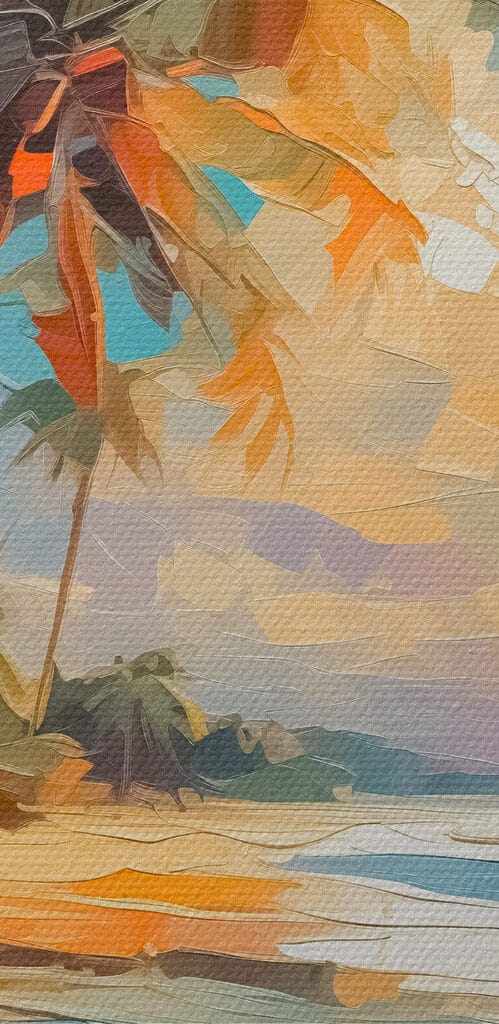 Painting of a beach with palm trees