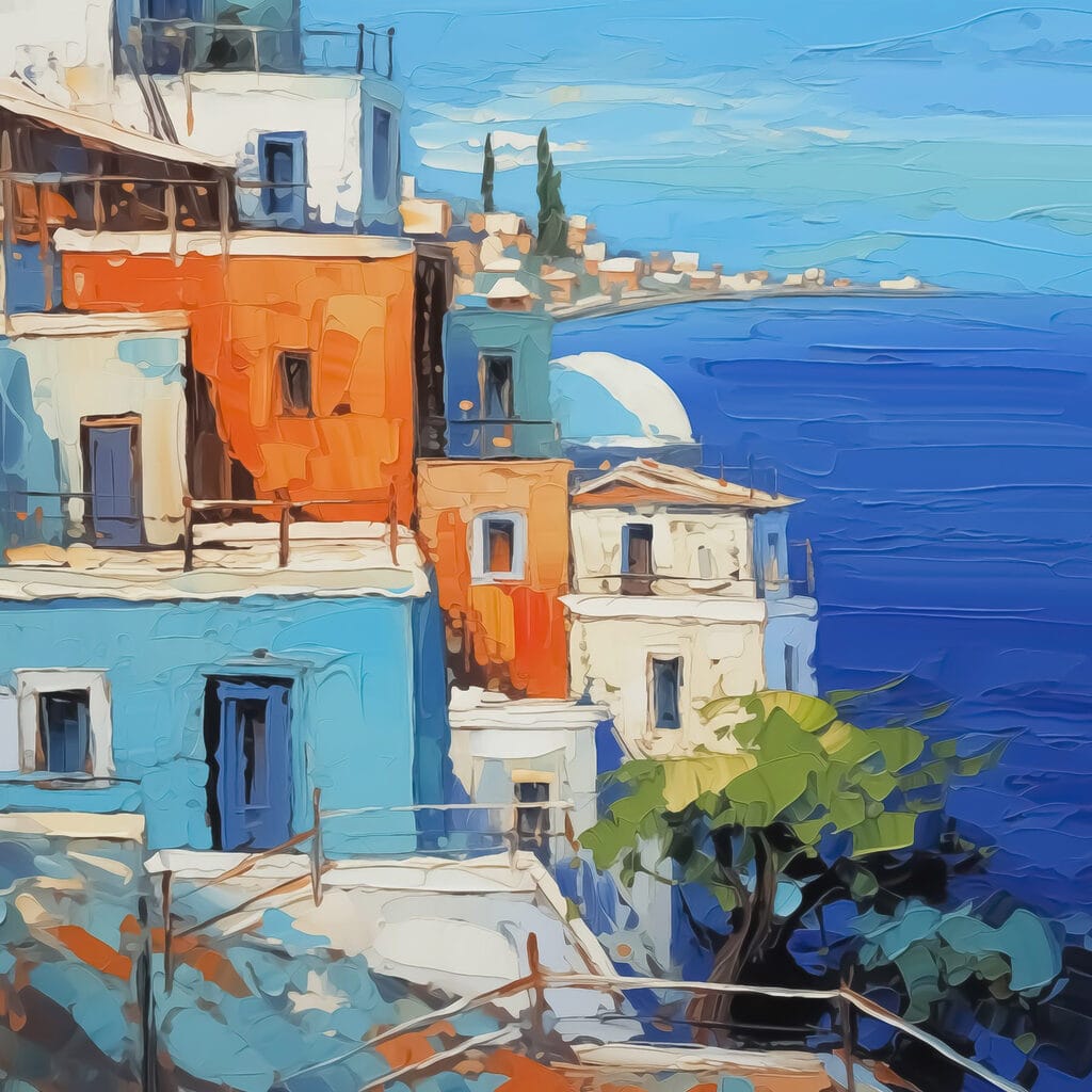 Painting of a city by the water