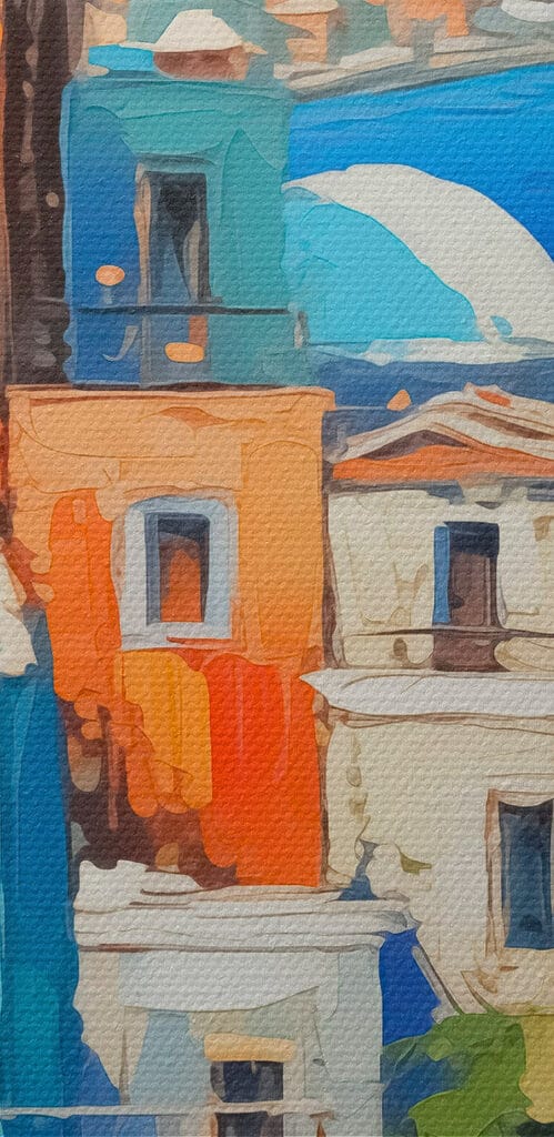 Painting of a city by the water