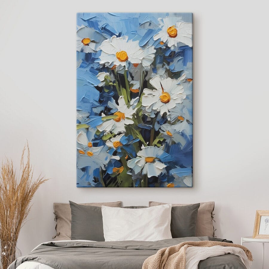 Marguerites lumineuses sur fond bleu