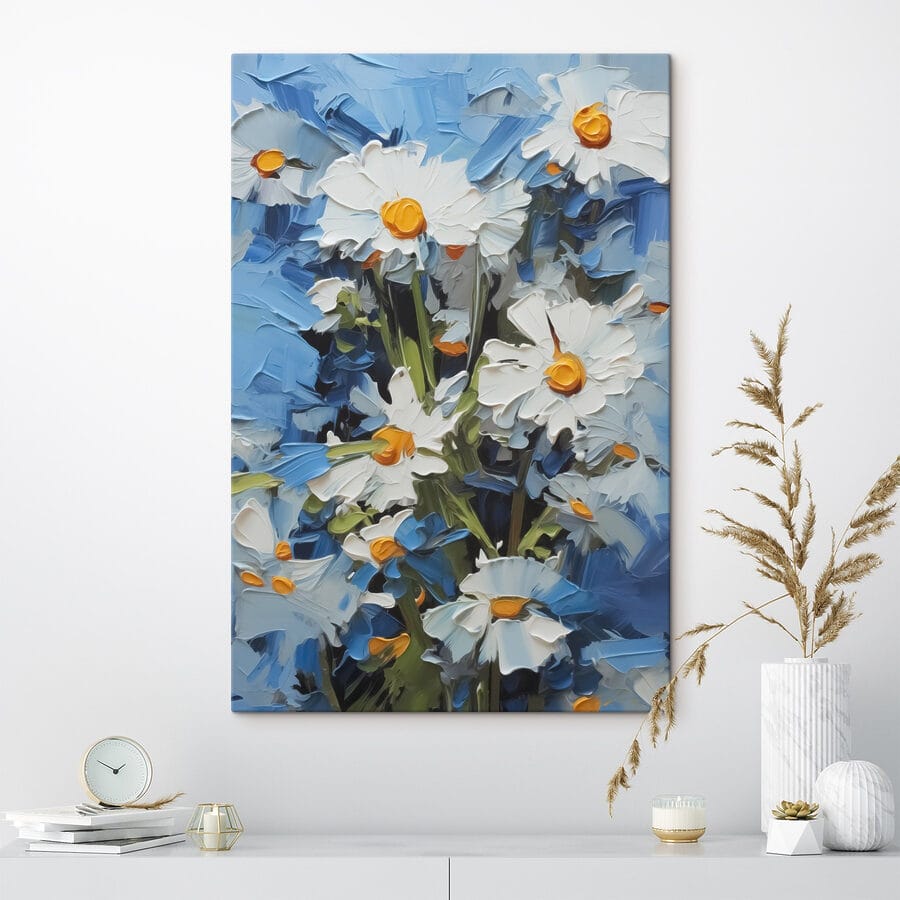 Marguerites lumineuses sur fond bleu