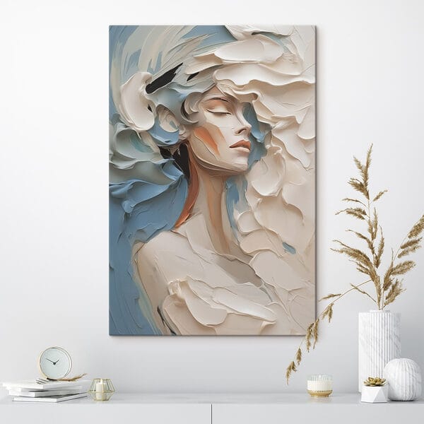 Painting of a woman with white and blue paint