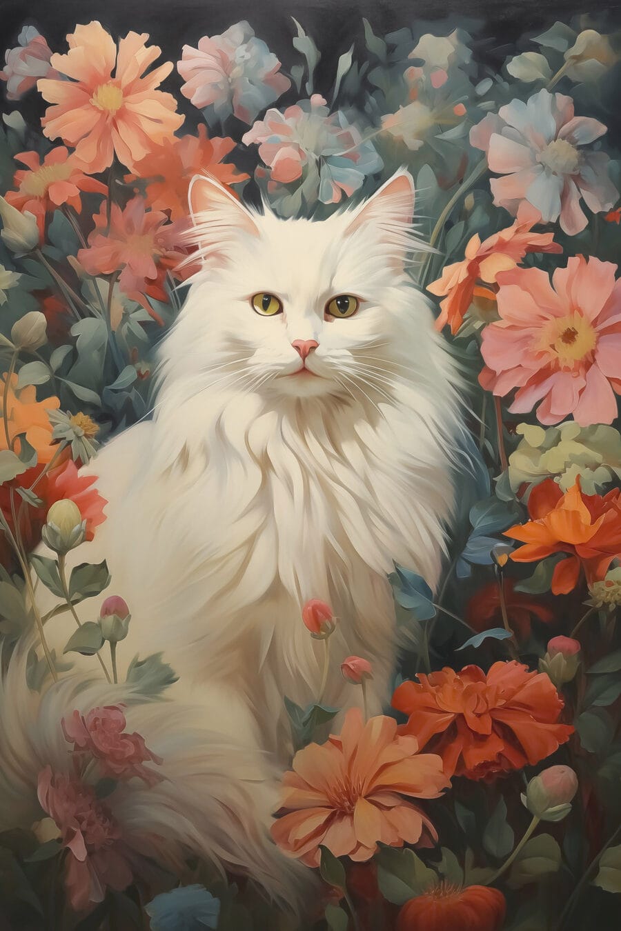 Chat blanc dans un jardin de fleurs Chat blanc dans un jardin de fleurs