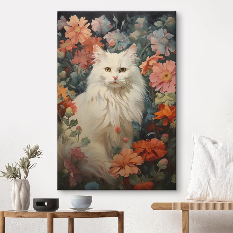 Chat blanc dans un jardin de fleurs Chat blanc dans un jardin de fleurs