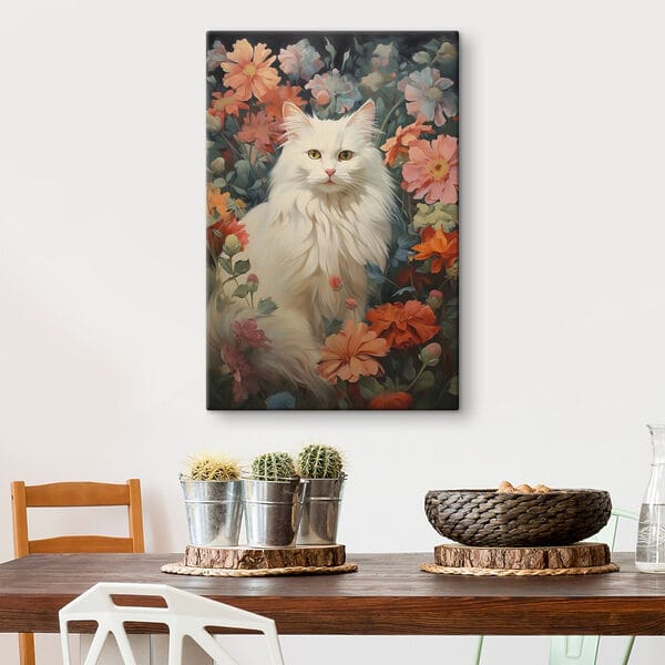 Chat blanc dans un jardin de fleurs Chat blanc dans un jardin de fleurs