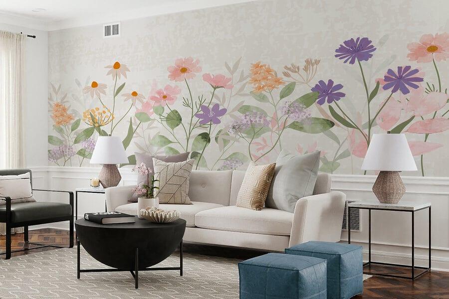 Rangée de fleurs avec feuilles