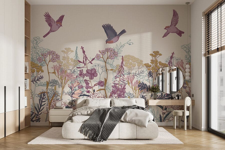Papier peint Oiseaux volant au-dessus des fleurs