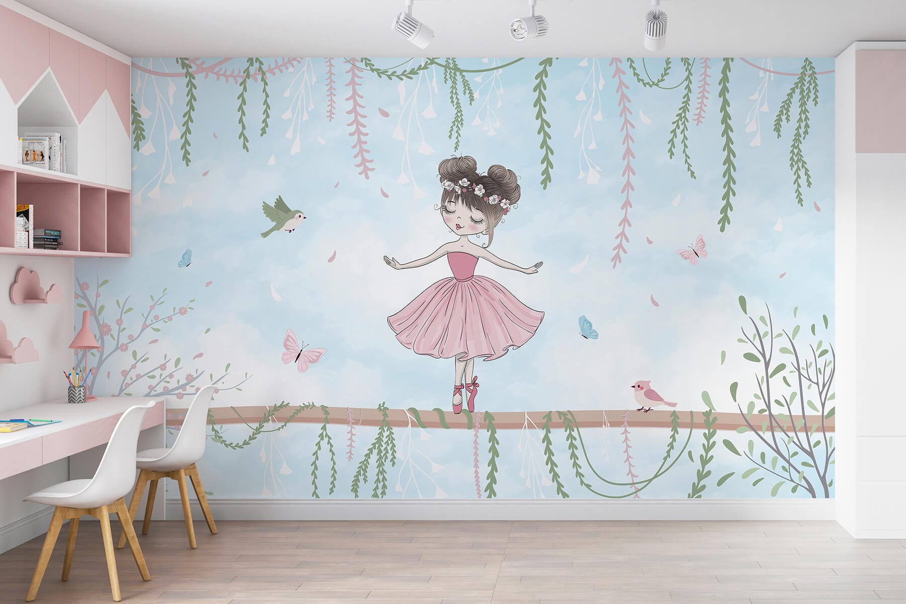 Girl in a pink dress on a branch