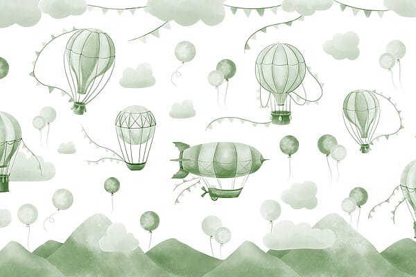 Fond vert et blanc avec des ballons et des montagnes Fond vert et blanc avec des ballons et des montagnes