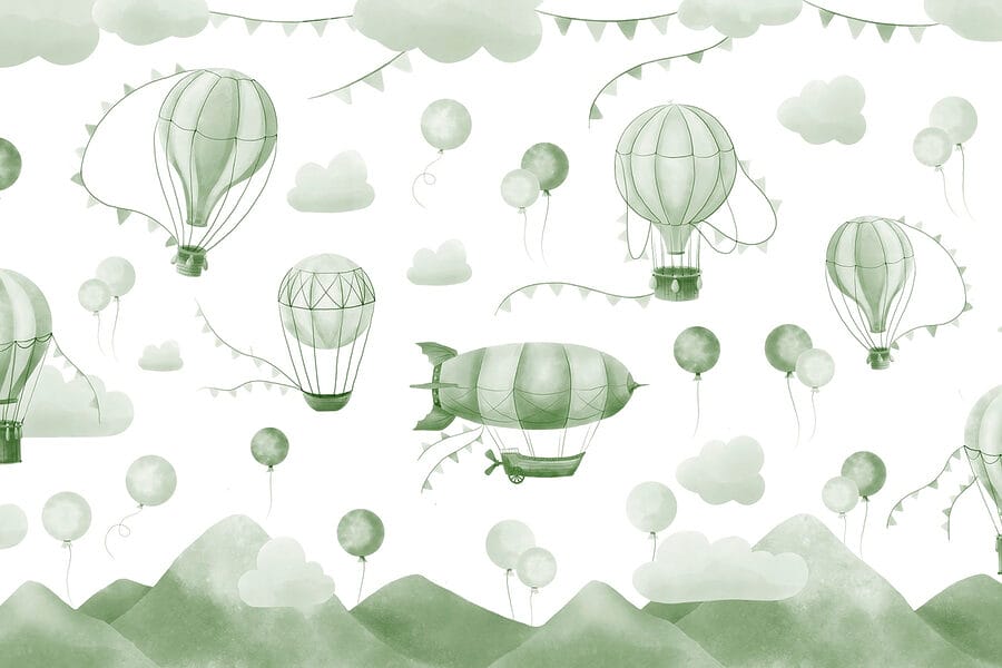 Fond vert et blanc avec des ballons et des montagnes Fond vert et blanc avec des ballons et des montagnes