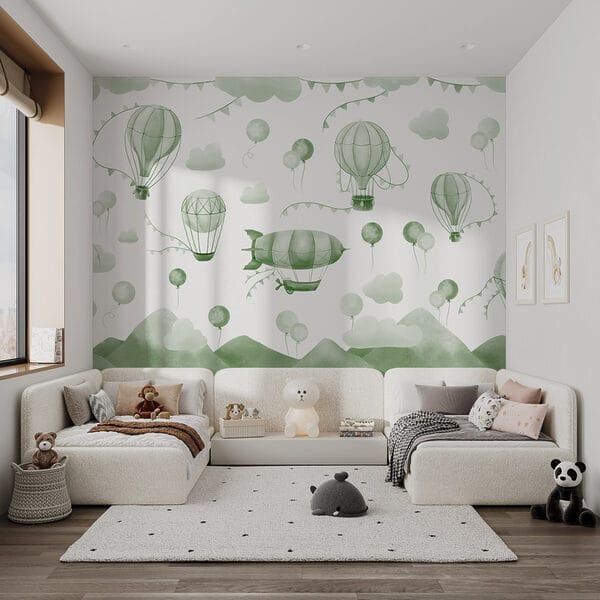 Fond vert et blanc avec des ballons et des montagnes Fond vert et blanc avec des ballons et des montagnes
