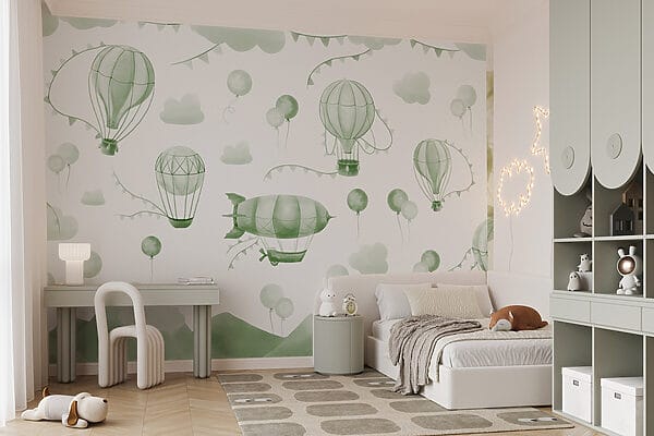 Fond vert et blanc avec des ballons et des montagnes Fond vert et blanc avec des ballons et des montagnes