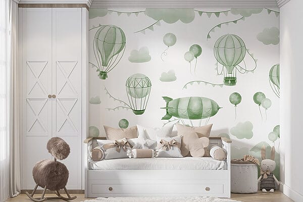Fond vert et blanc avec des ballons et des montagnes Fond vert et blanc avec des ballons et des montagnes