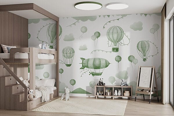 Fond vert et blanc avec des ballons et des montagnes Fond vert et blanc avec des ballons et des montagnes