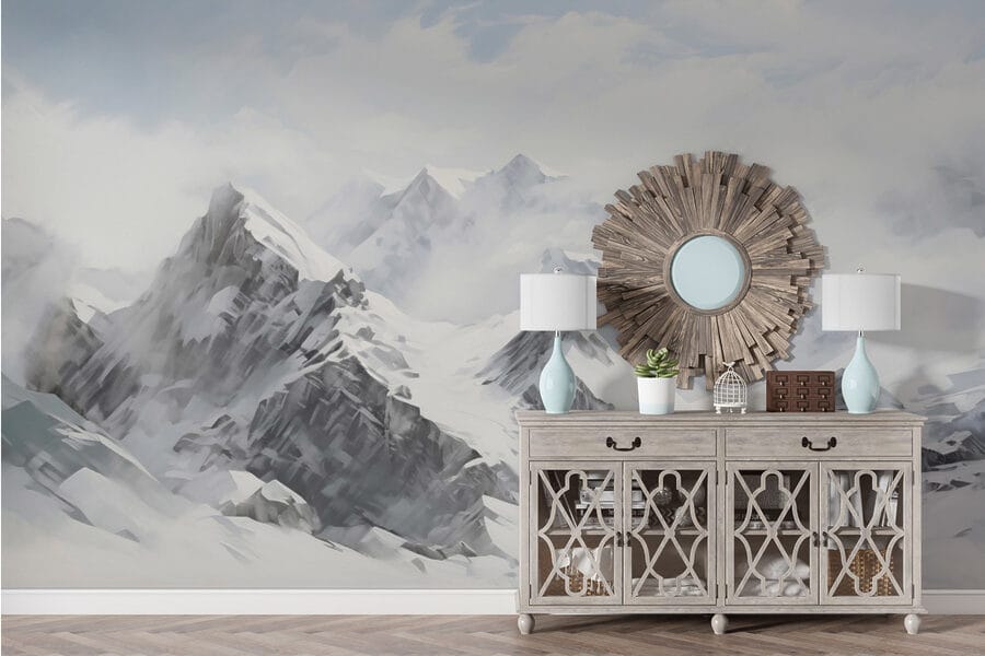 Papier peint Chaîne de montagnes enneigées avec nuages – Image 2