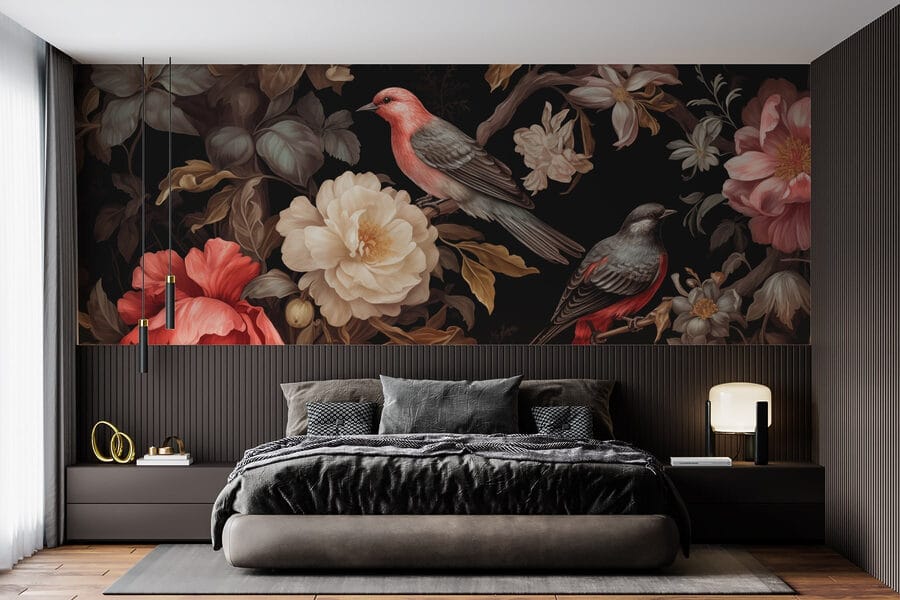 Peinture d'oiseaux sur des fleurs