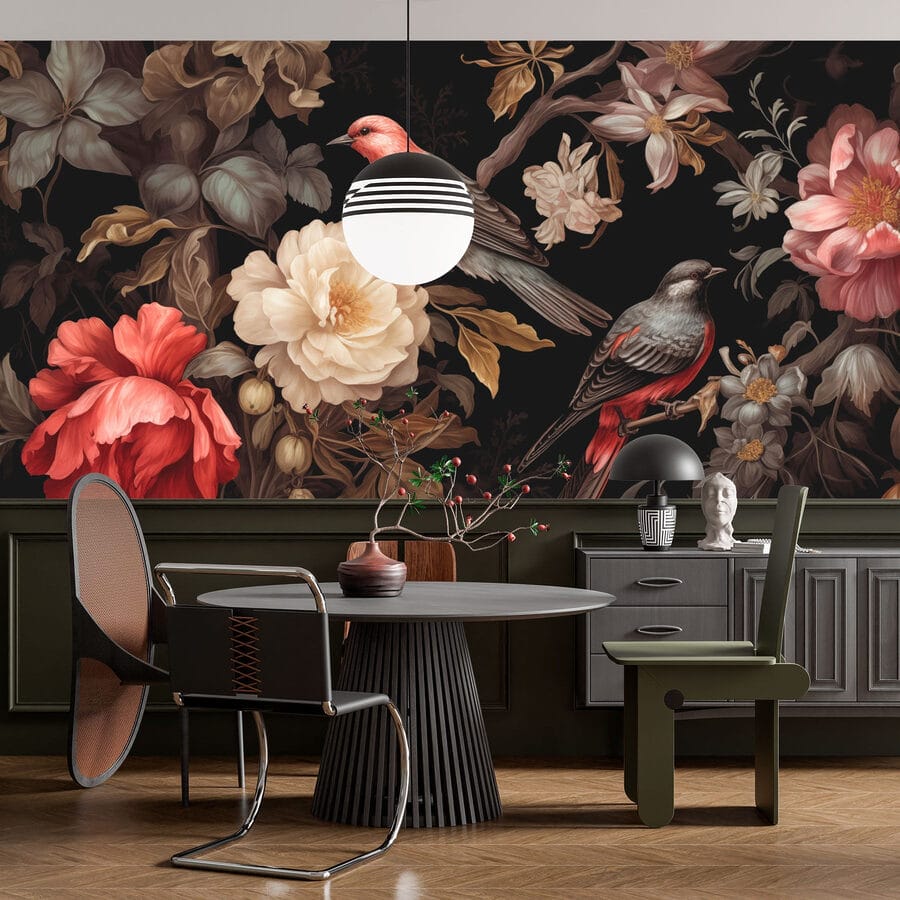 Peinture d'oiseaux sur des fleurs