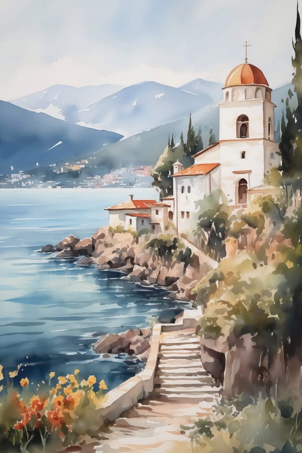Aquarelle d'un bâtiment sur une falaise au bord d'un plan d'eau Aquarelle d'un bâtiment sur une falaise au bord d'un plan d'eau