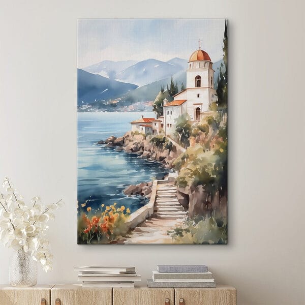 Aquarelle d'un bâtiment sur une falaise au bord d'un plan d'eau Aquarelle d'un bâtiment sur une falaise au bord d'un plan d'eau
