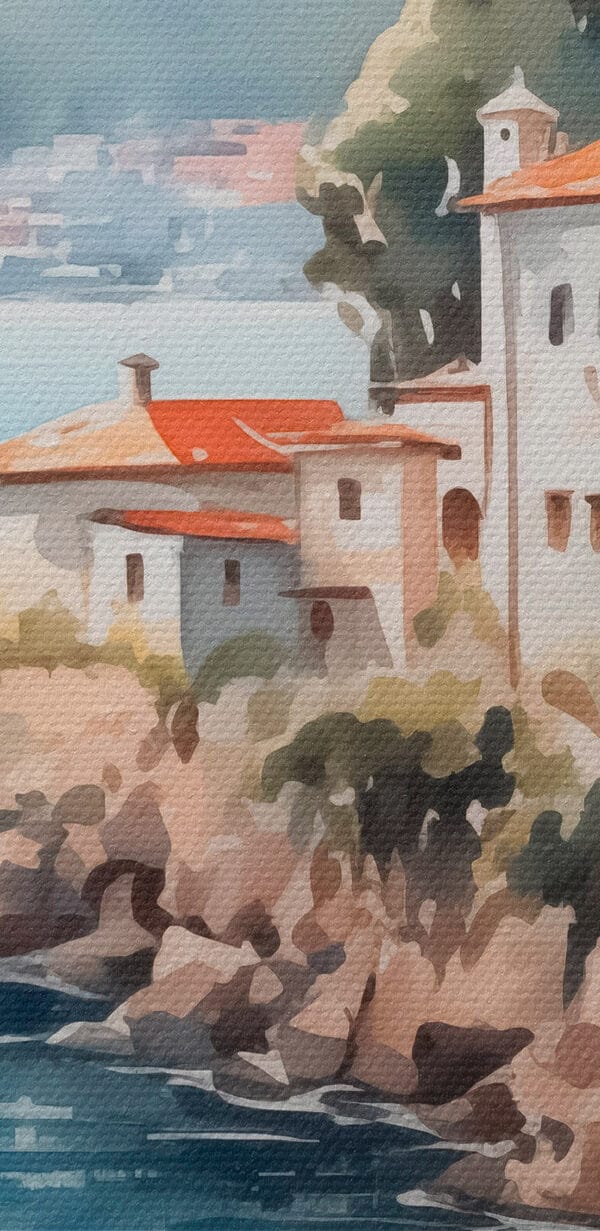 Aquarelle d'un bâtiment sur une falaise au bord d'un plan d'eau Aquarelle d'un bâtiment sur une falaise au bord d'un plan d'eau