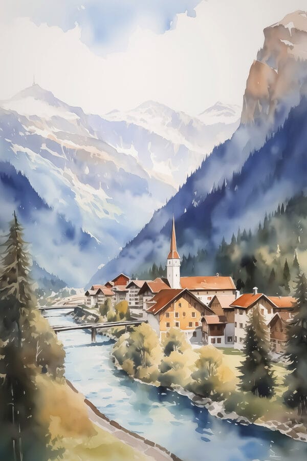 Aquarelle d'un village de montagne Aquarelle d'un village de montagne
