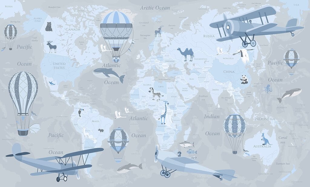 Carte du monde avec différents types d'avions et d'animaux Carte du monde avec différents types d'avions et d'animaux