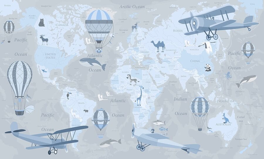 Carte du monde avec différents types d'avions et d'animaux