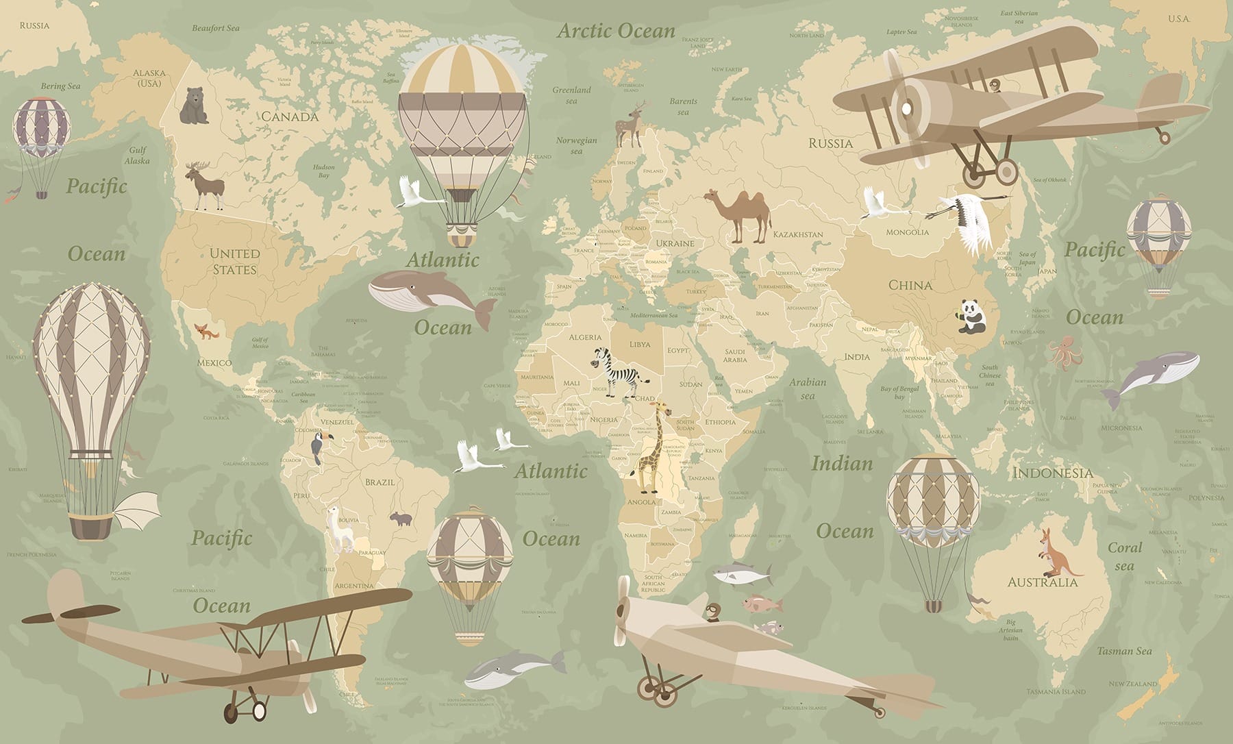 u36066v2p - Une carte du monde avec des avions et des montgolfières - tegory