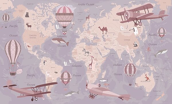 Une carte du monde avec des avions et des montgolfières Une carte du monde avec des avions et des montgolfières