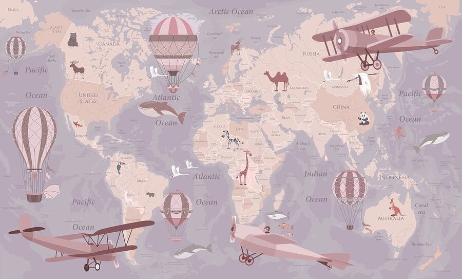 Une carte du monde avec des avions et des montgolfières
