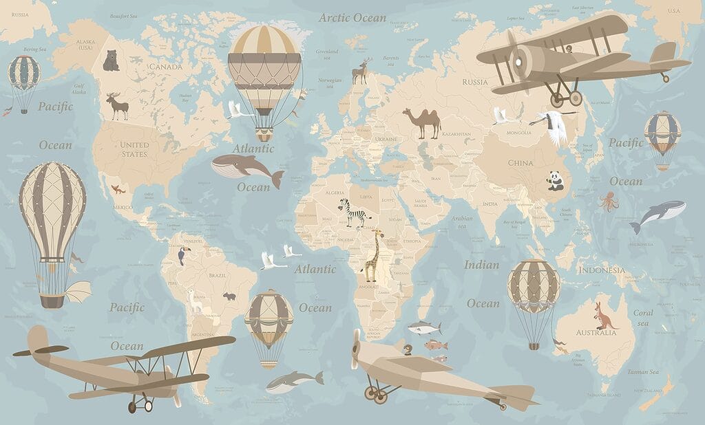 Carte du monde avec avions et montgolfières Carte du monde avec avions et montgolfières