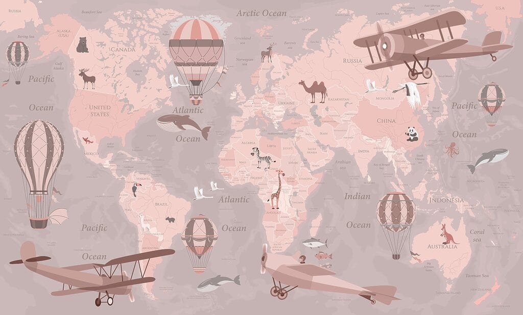 Une carte du monde avec des avions et des montgolfières Une carte du monde avec des avions et des montgolfières