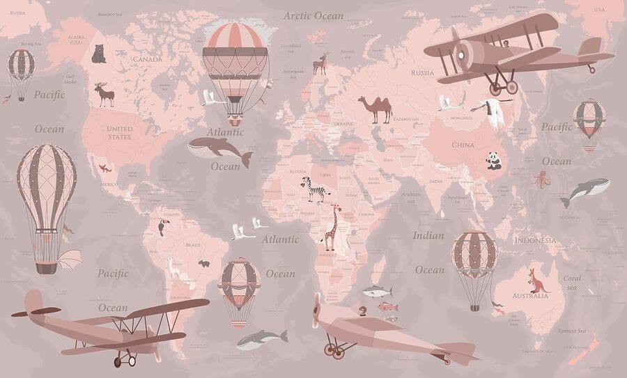 Une carte du monde avec des avions et des montgolfières Une carte du monde avec des avions et des montgolfières