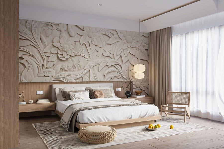 Mur blanc avec fleurs et feuilles