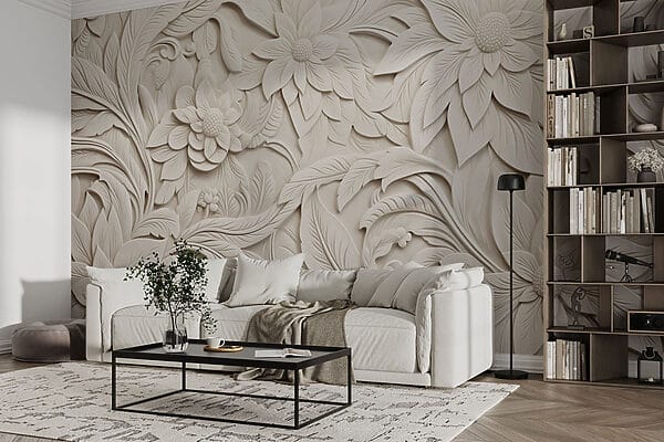 Mur blanc avec fleurs et feuilles Mur blanc avec fleurs et feuilles