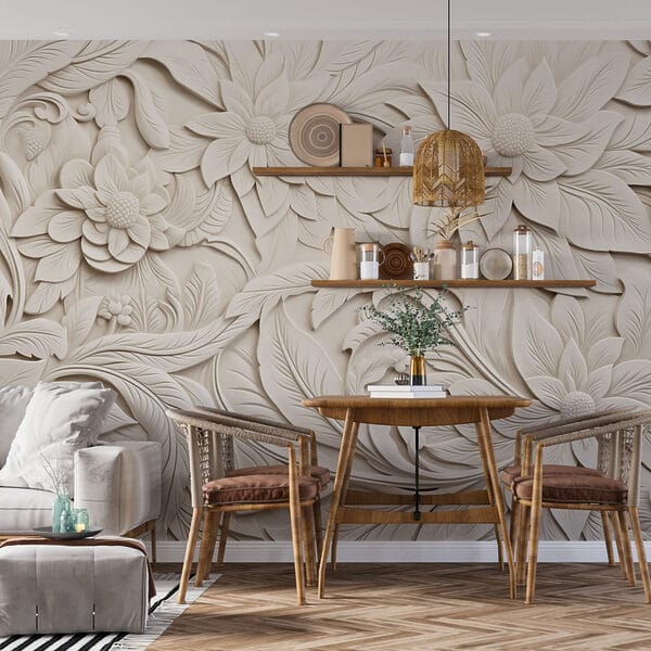 Mur blanc avec fleurs et feuilles Mur blanc avec fleurs et feuilles
