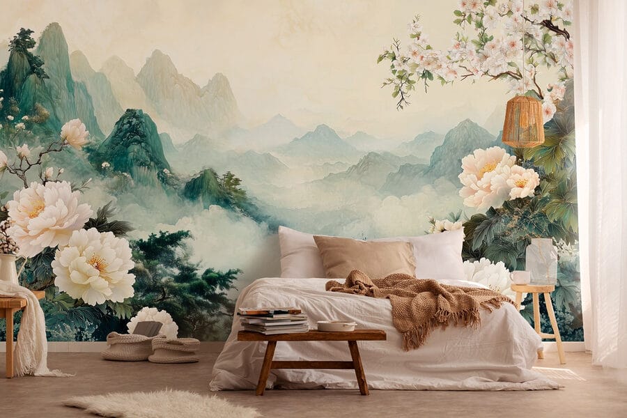 Peinture de fleurs et de montagnes