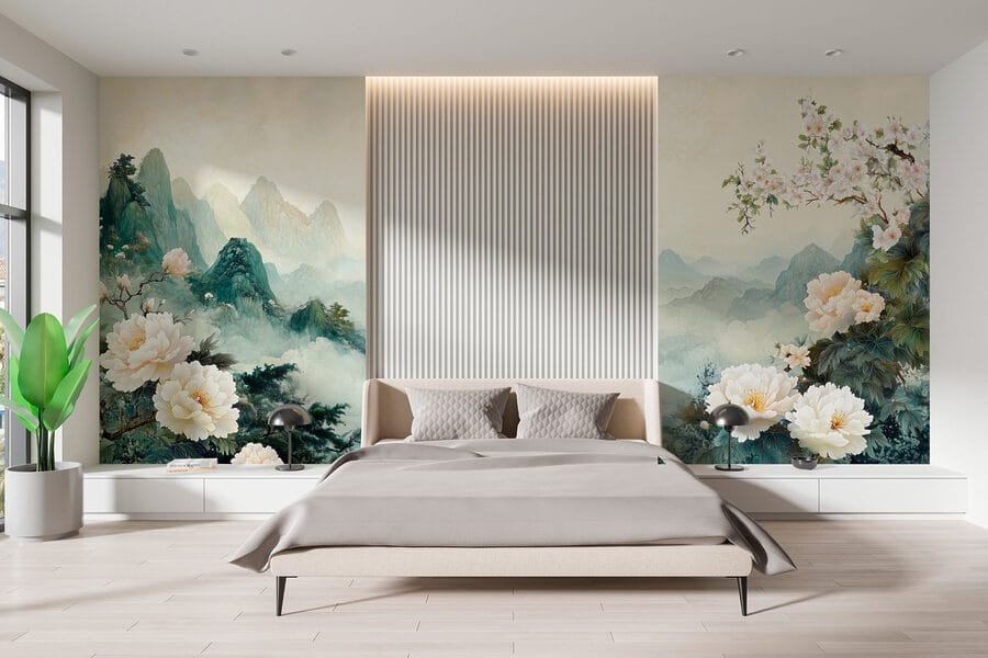 Peinture de fleurs et de montagnes