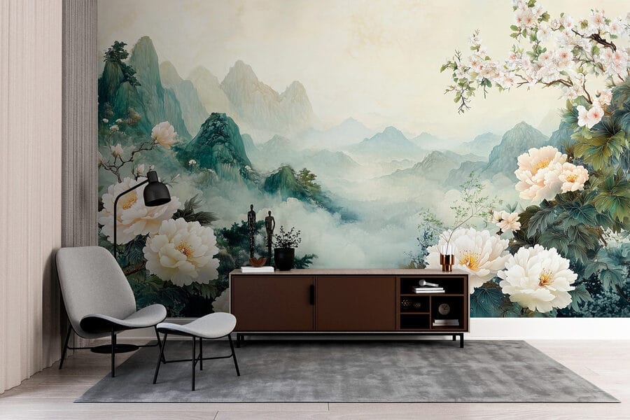 Peinture de fleurs et de montagnes