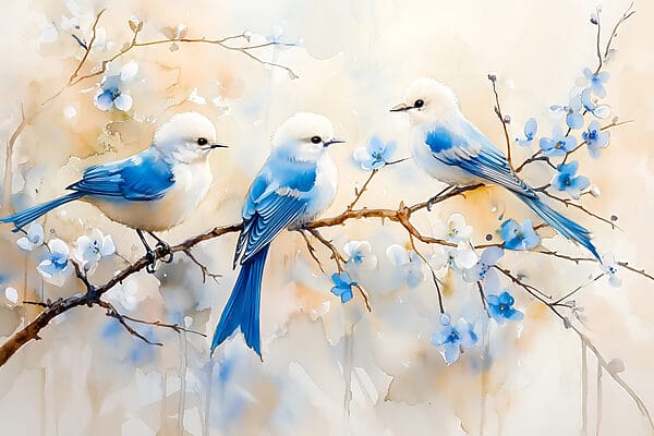 Groupe d'oiseaux bleus sur une branche Groupe d'oiseaux bleus sur une branche