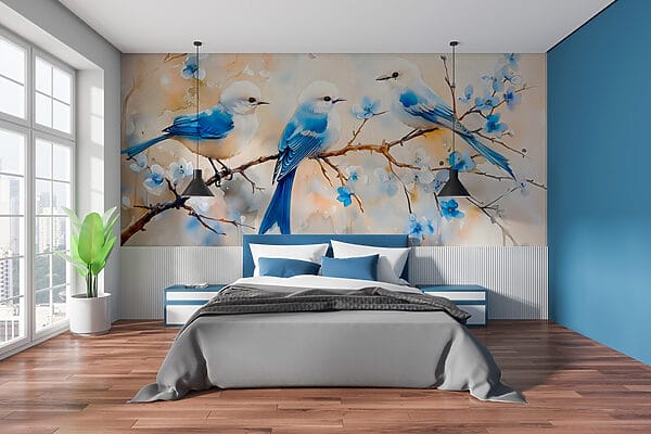 Groupe d'oiseaux bleus sur une branche Groupe d'oiseaux bleus sur une branche