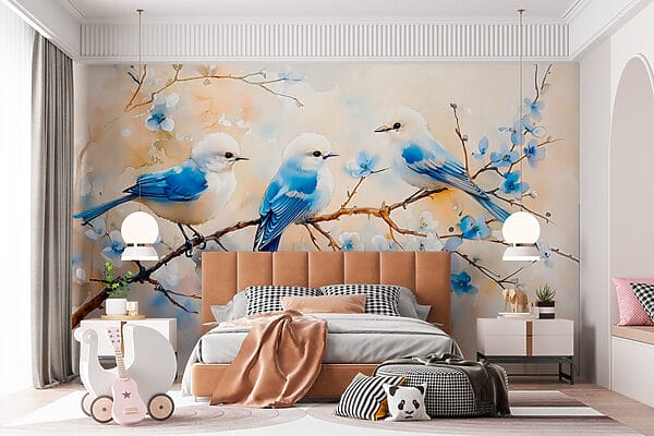 Groupe d'oiseaux bleus sur une branche Groupe d'oiseaux bleus sur une branche