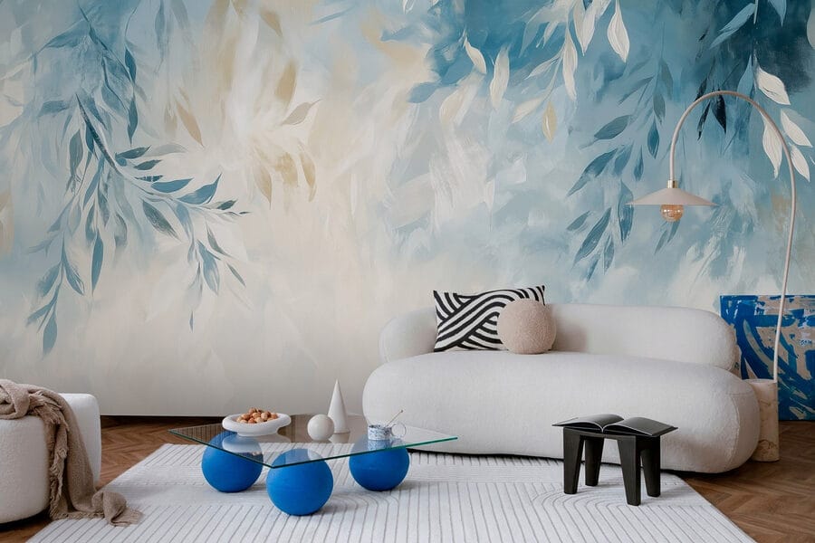 Fond bleu et blanc avec des feuilles