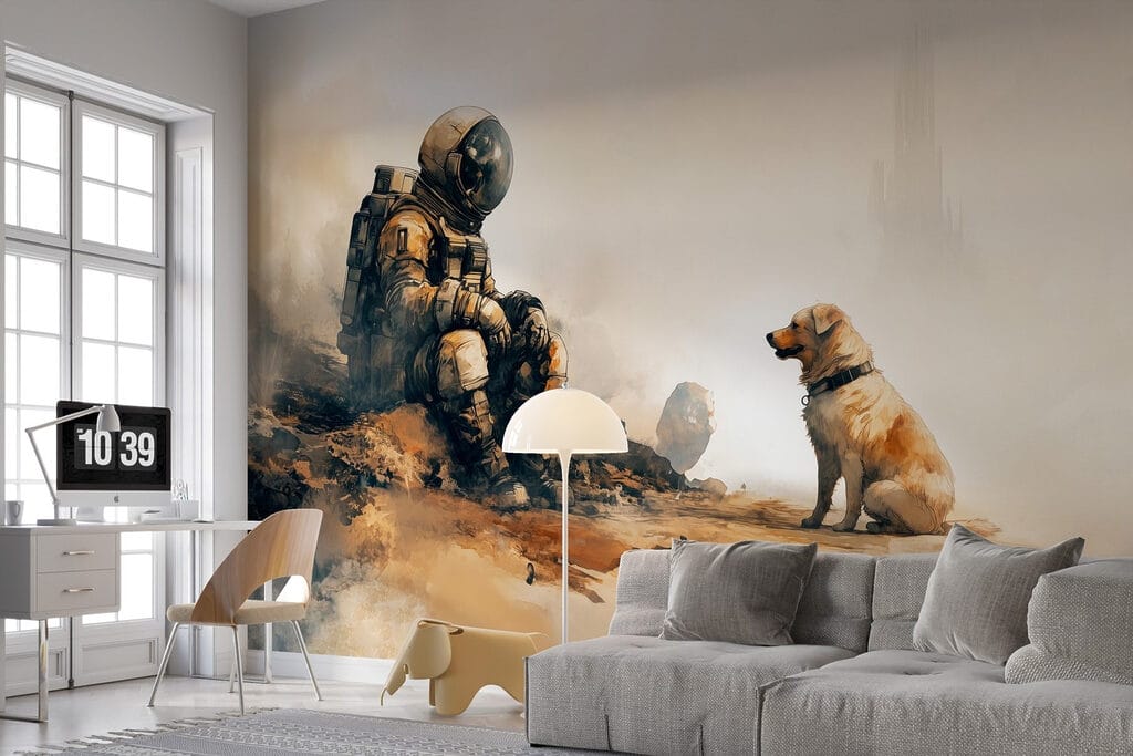 An astronaut sitting on a rock looking at a dog