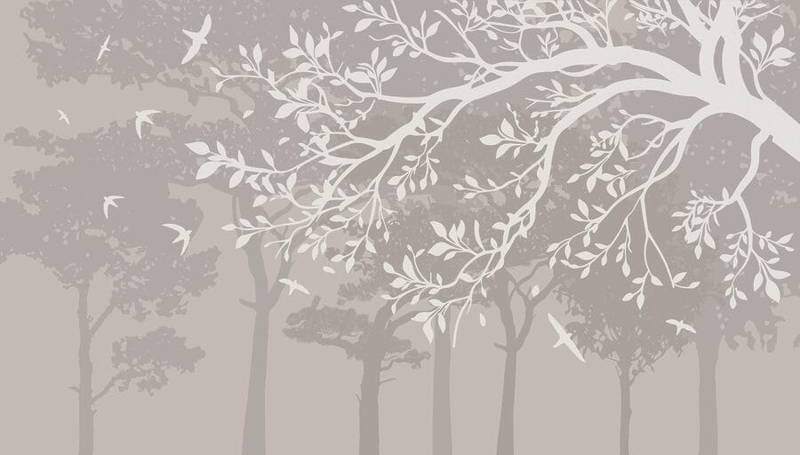 Groupe d'arbres avec oiseaux en vol Groupe d'arbres avec oiseaux en vol