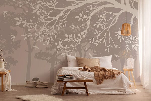 Papier peint Papier peint Groupe d'arbres avec oiseaux en vol (UGS : w03116)