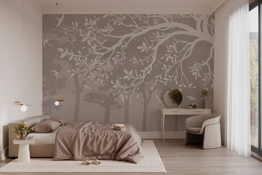 Groupe d'arbres avec oiseaux en vol Groupe d'arbres avec oiseaux en vol