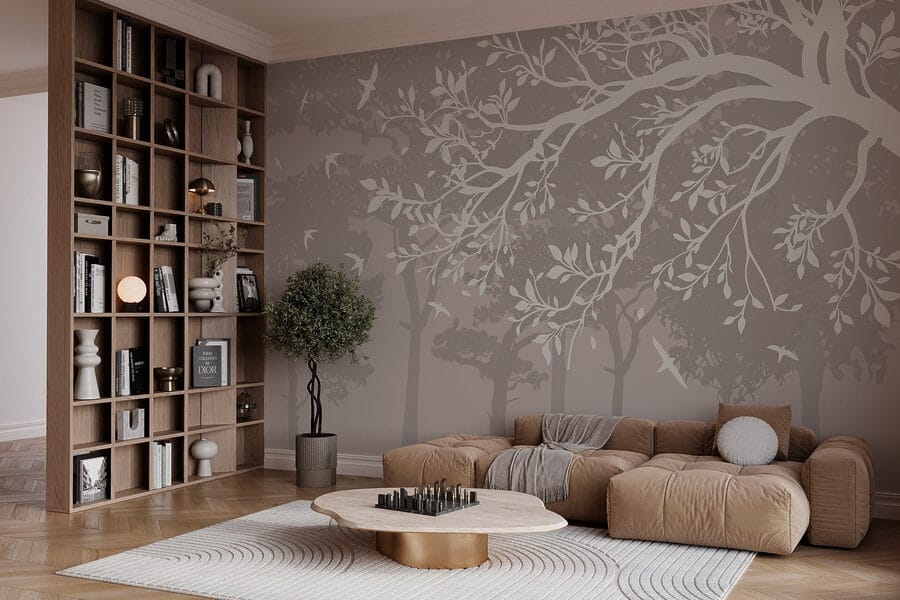 Groupe d'arbres avec oiseaux en vol Groupe d'arbres avec oiseaux en vol