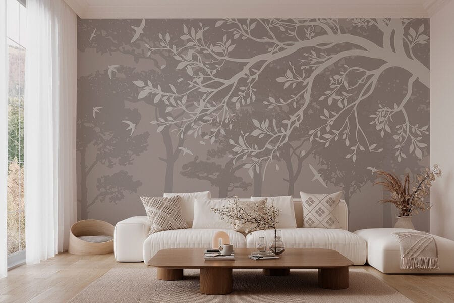 Groupe d'arbres avec oiseaux en vol Groupe d'arbres avec oiseaux en vol